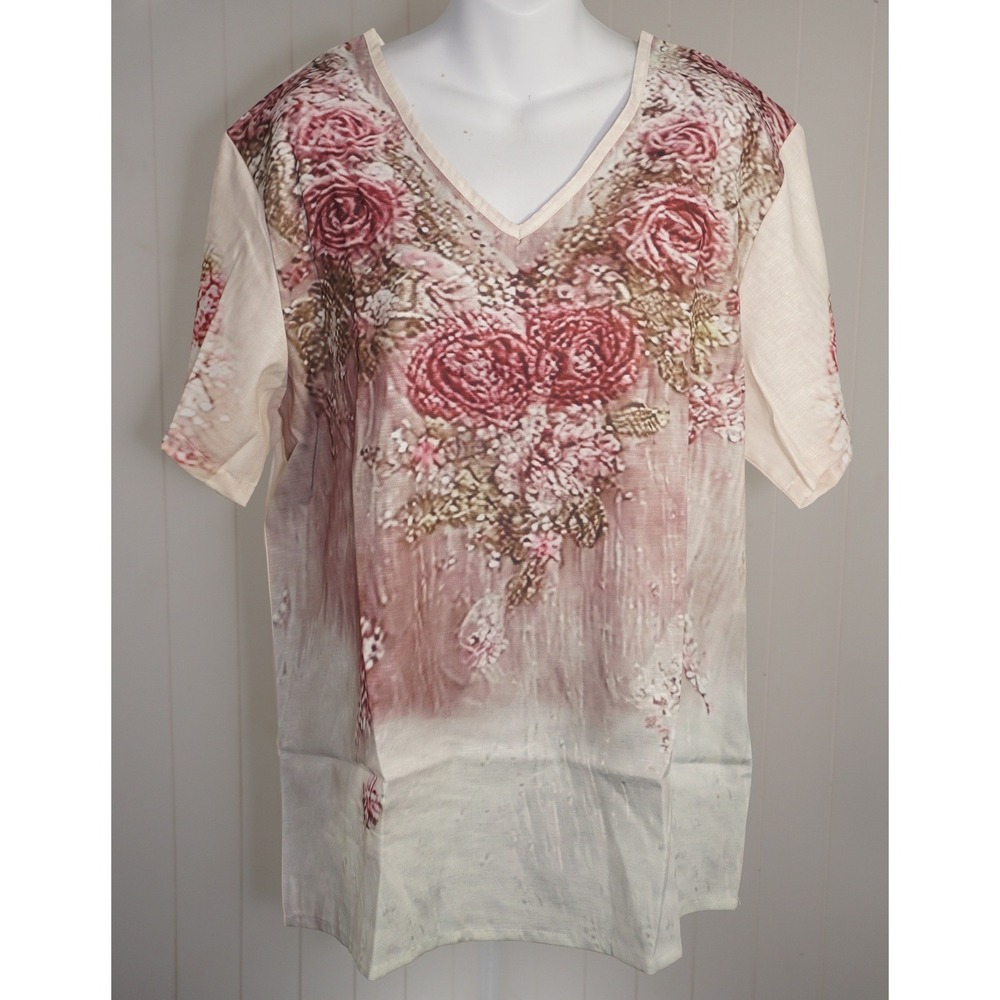 Floral V-Neck Top XL Pink Beige Short Sleeve Rose Print Blouse